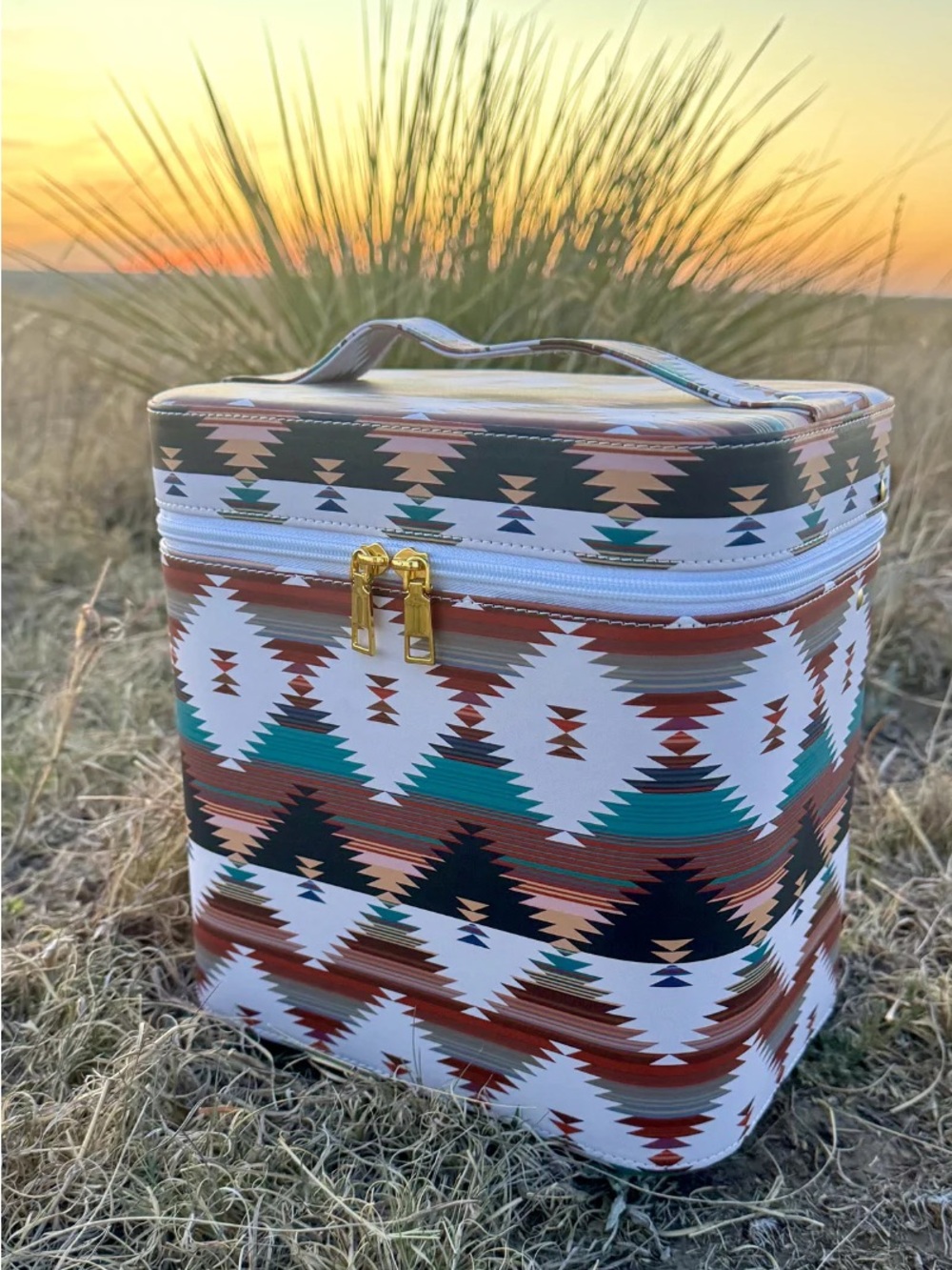 Portable Tribal Print Makeup Train Case - White, Teal & Rust
